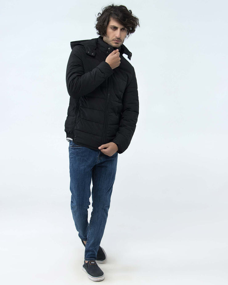 HOODIED PUFFER BLACK JACKET indigo, jacket, men jacket, winter2021 - Adam Clothing