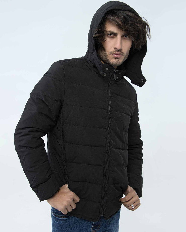 HOODIED PUFFER BLACK JACKET indigo, jacket, men jacket, winter2021 - Adam Clothing